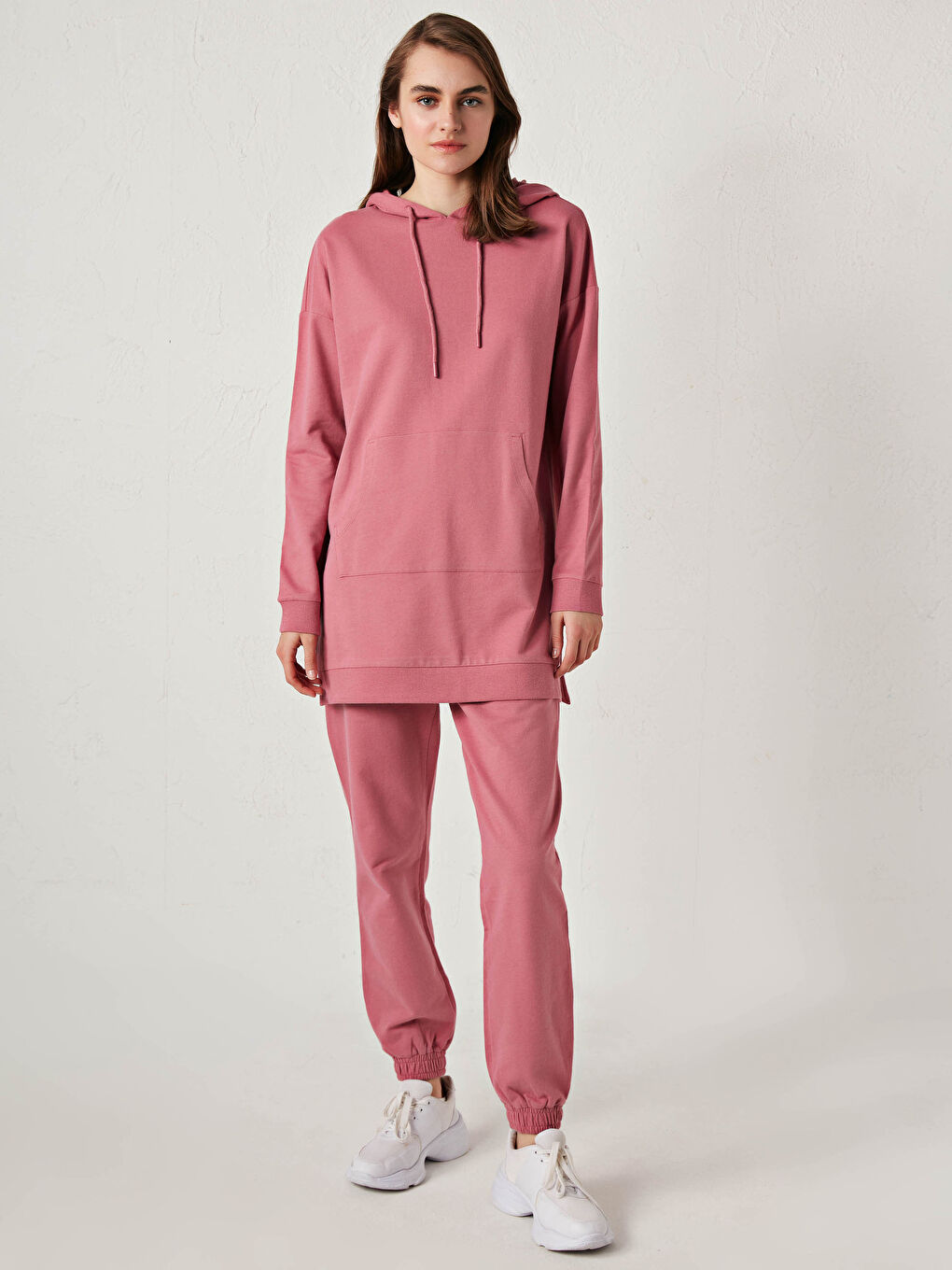 Pembe Düz Uzun Kollu Kadın Hoodie-9