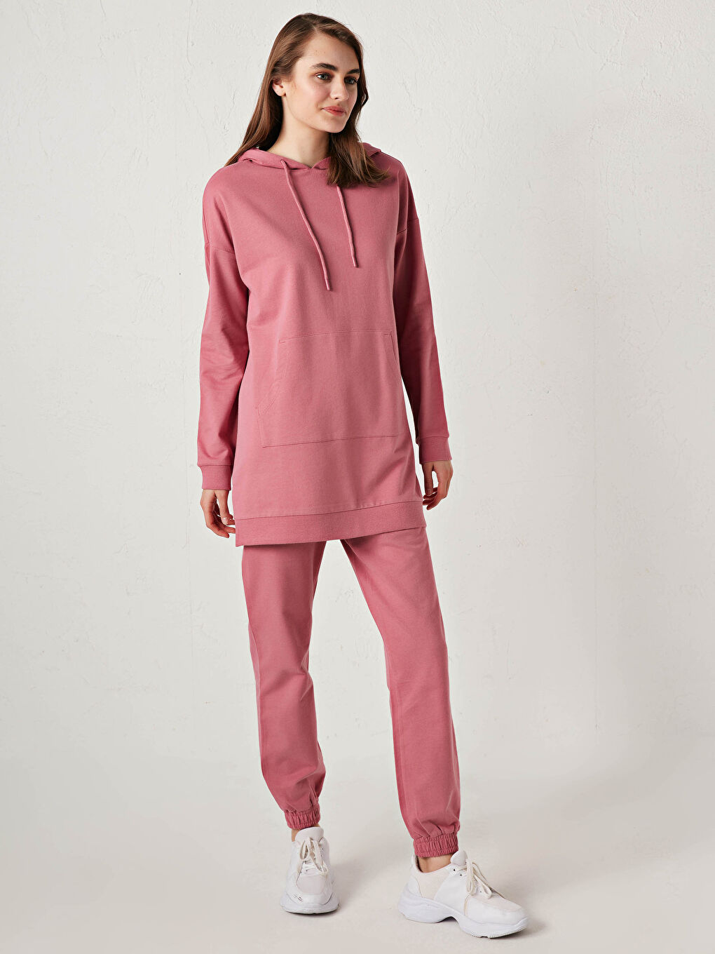 Pembe Düz Uzun Kollu Kadın Hoodie-10