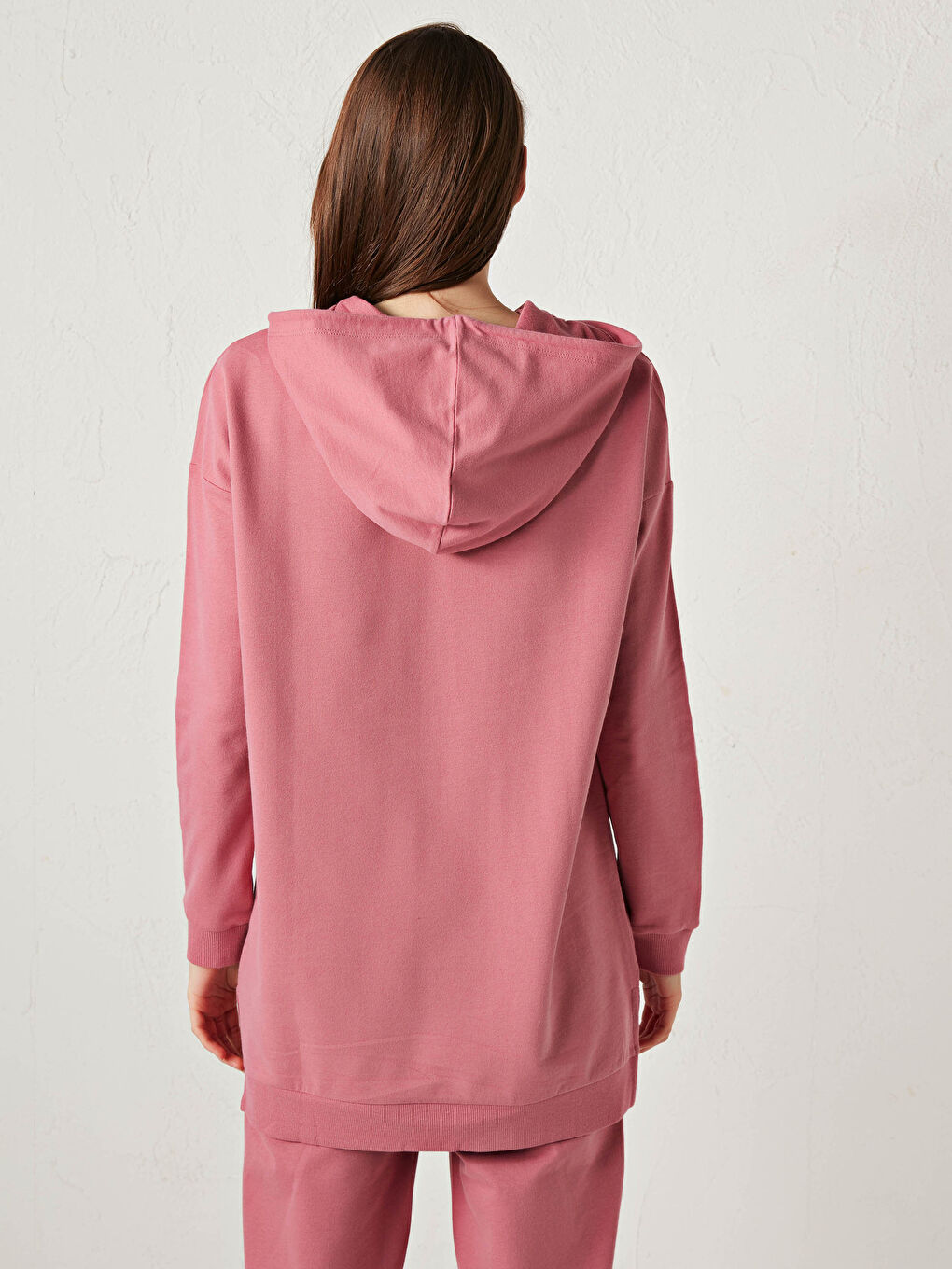 Pembe Düz Uzun Kollu Kadın Hoodie-11