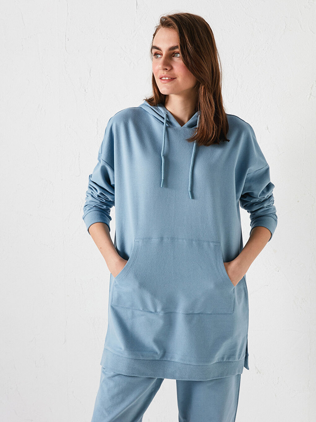 Mavi Düz Uzun Kollu Kadın Hoodie