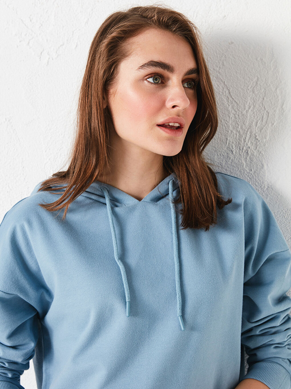 Mavi Düz Uzun Kollu Kadın Hoodie-2
