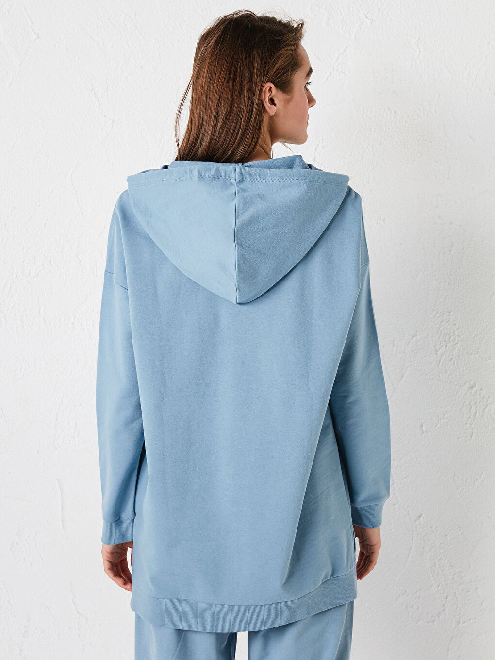 Mavi Düz Uzun Kollu Kadın Hoodie-4