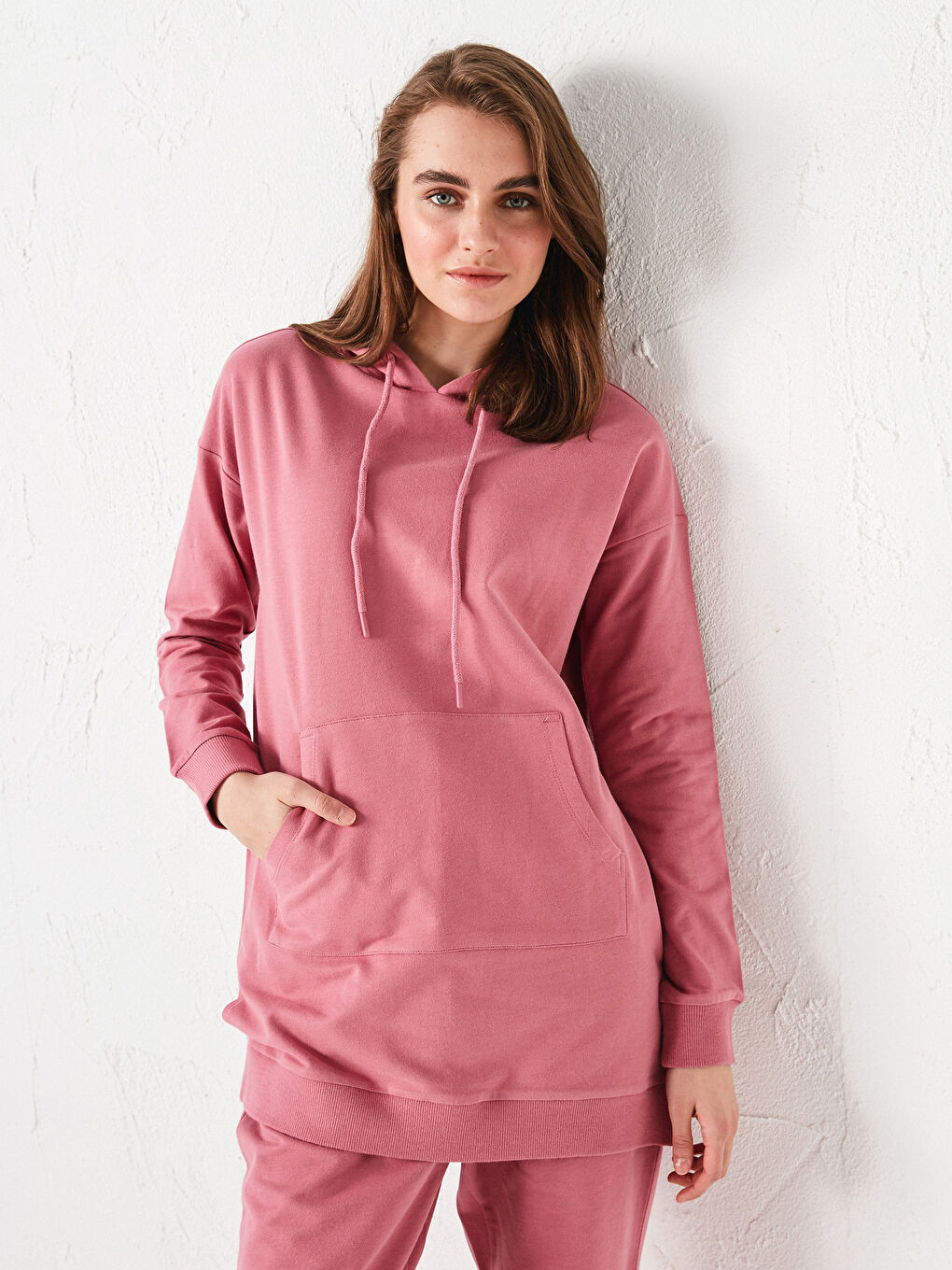 Pembe Düz Uzun Kollu Kadın Hoodie