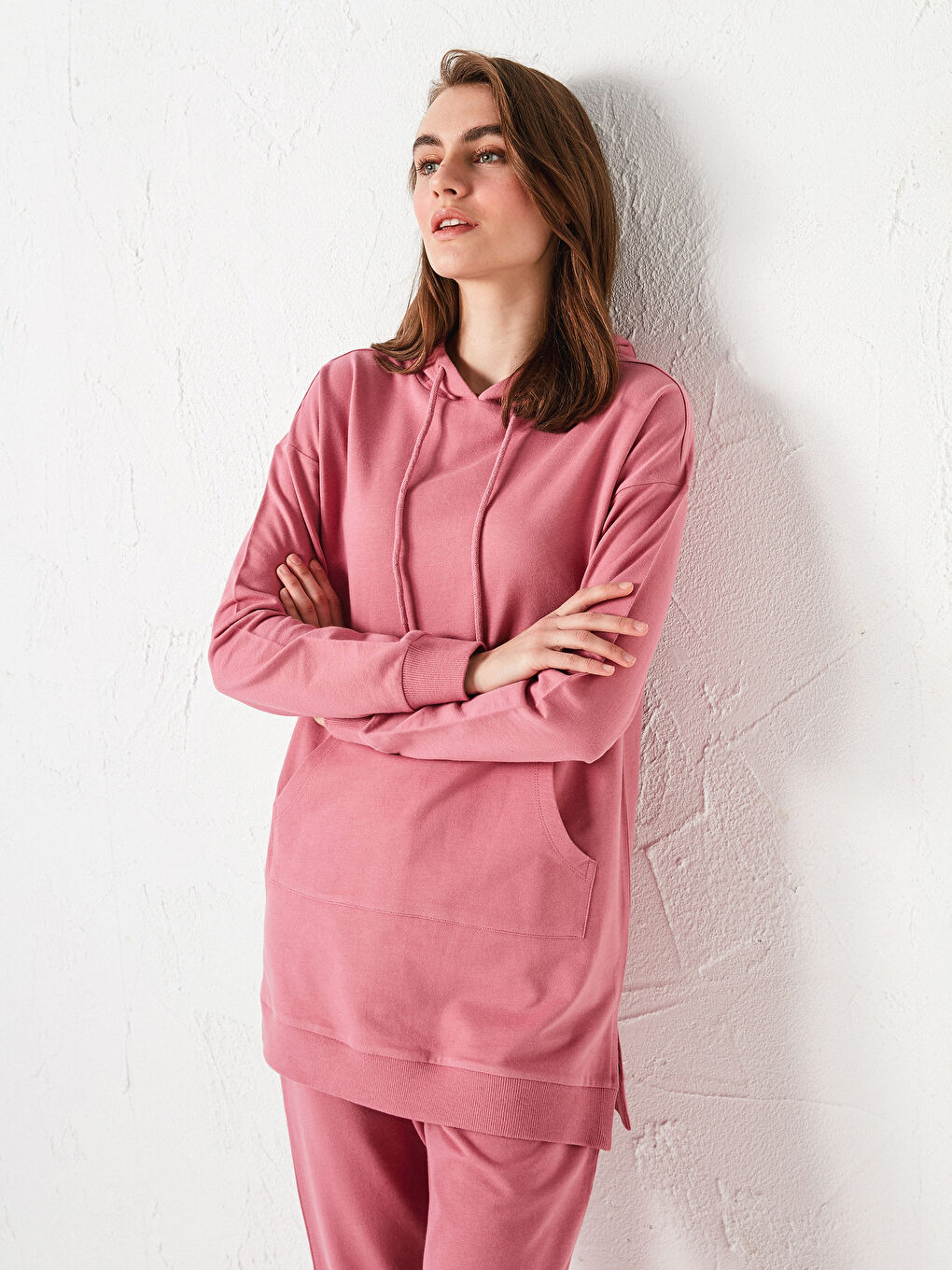 Pembe Düz Uzun Kollu Kadın Hoodie-1