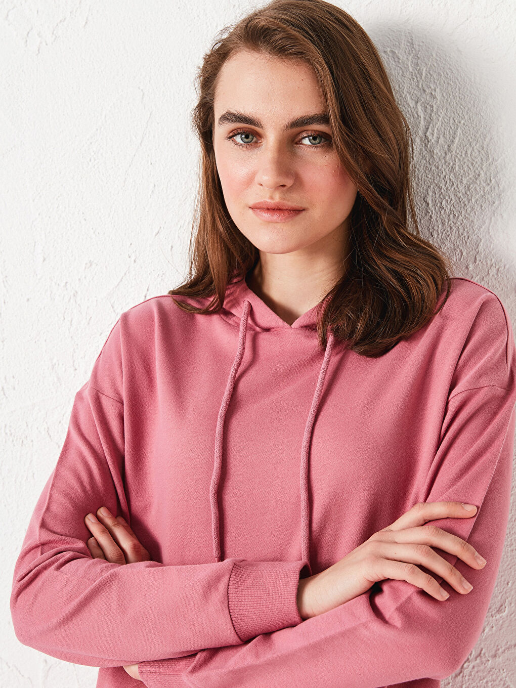Pembe Düz Uzun Kollu Kadın Hoodie-2