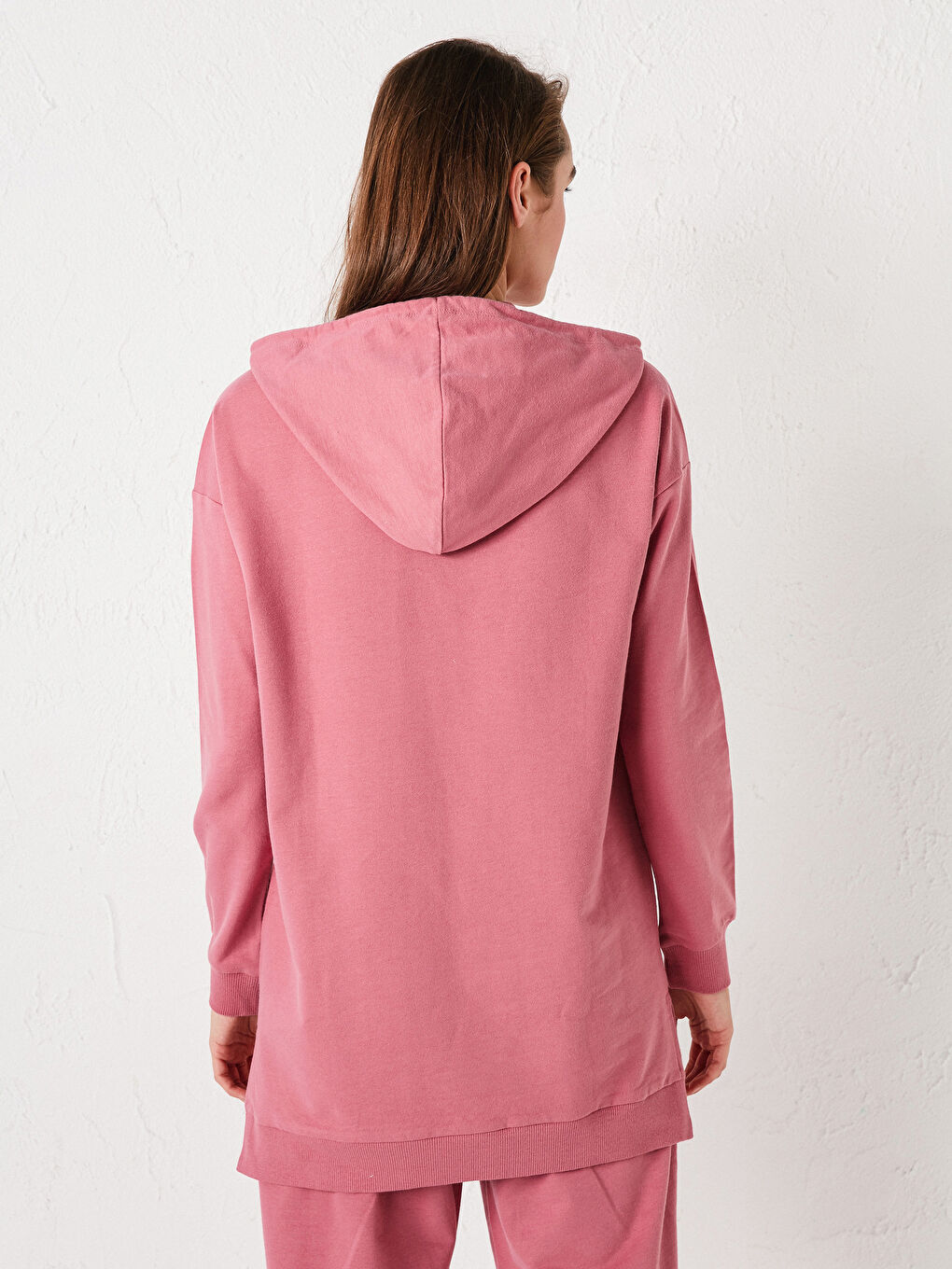 Pembe Düz Uzun Kollu Kadın Hoodie-4