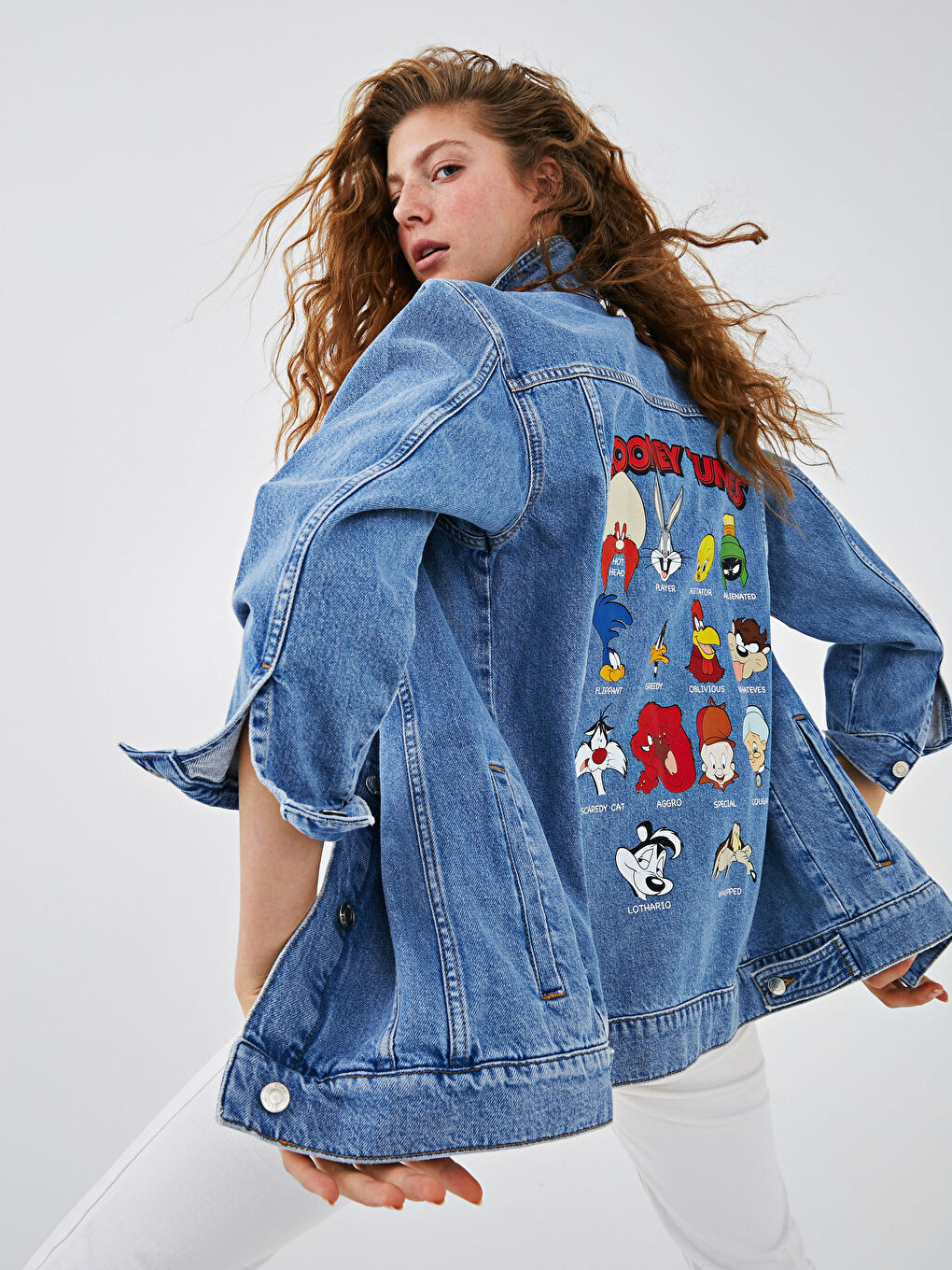 Mavi Bugs Bunny Baskılı Uzun Kollu Kadın Jean Ceket-6