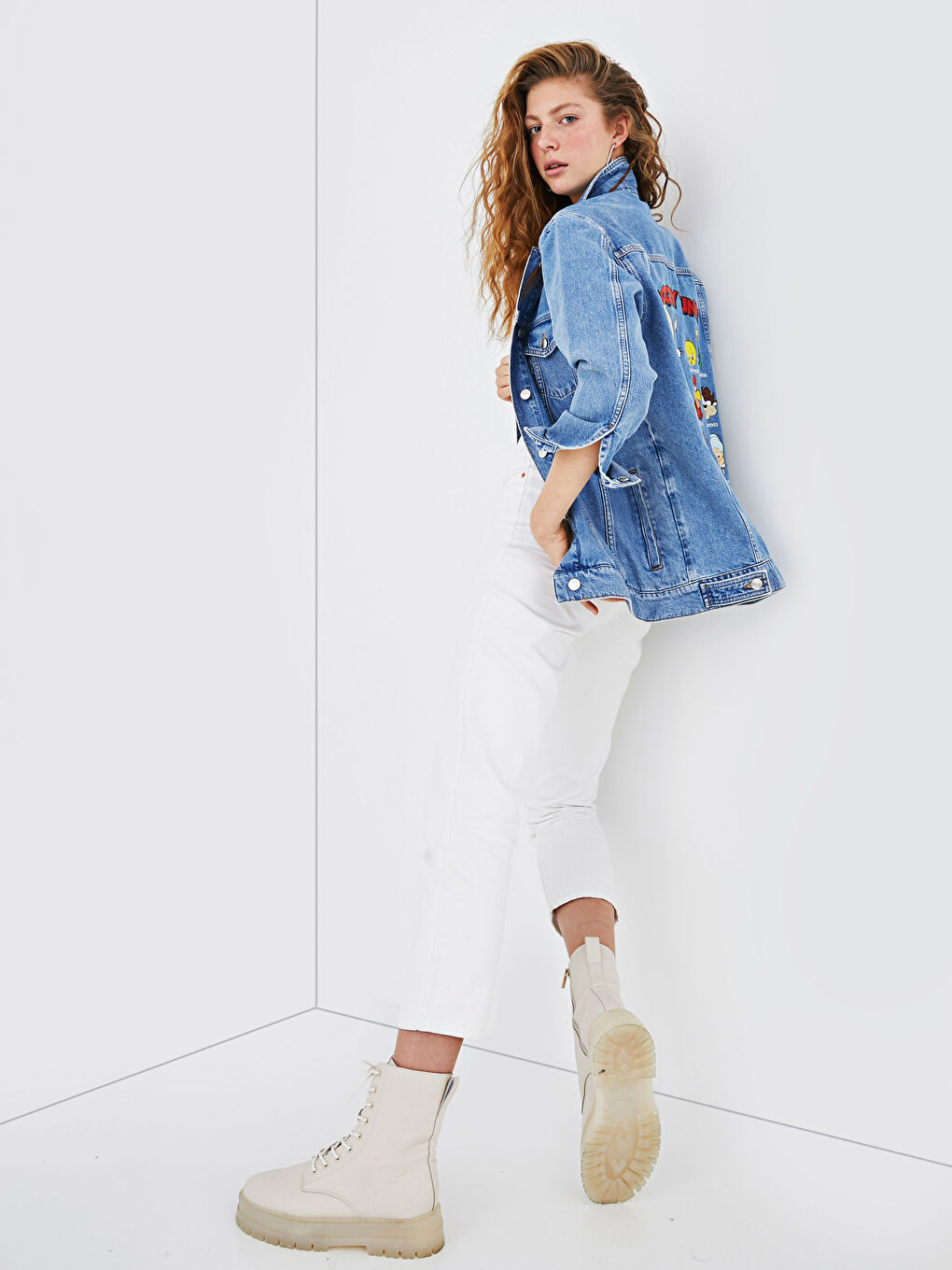 Mavi Bugs Bunny Baskılı Uzun Kollu Kadın Jean Ceket-8