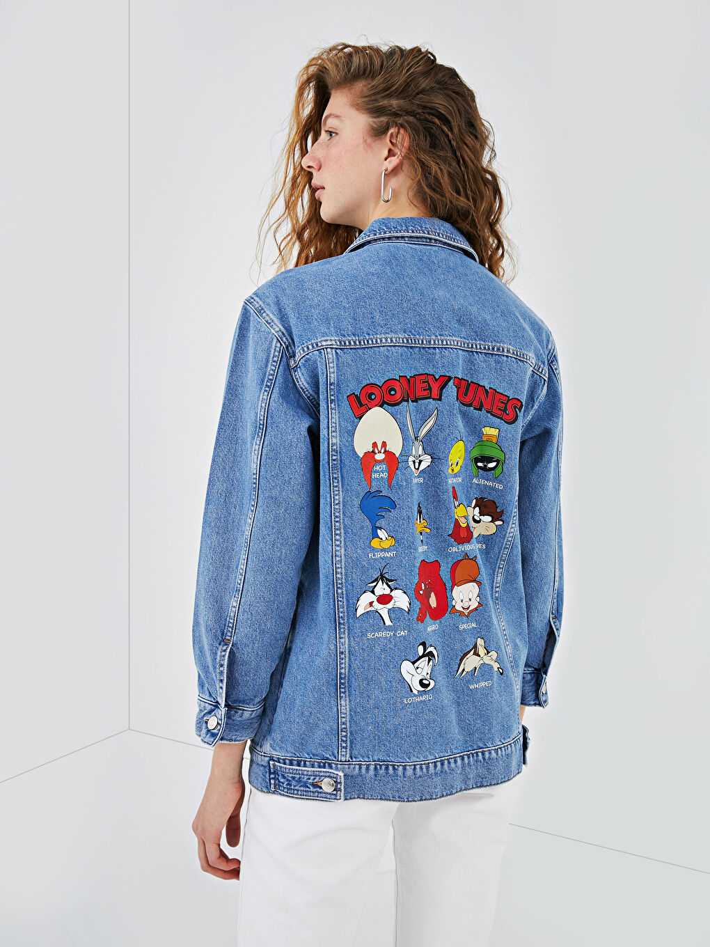 Mavi Bugs Bunny Baskılı Uzun Kollu Kadın Jean Ceket-9