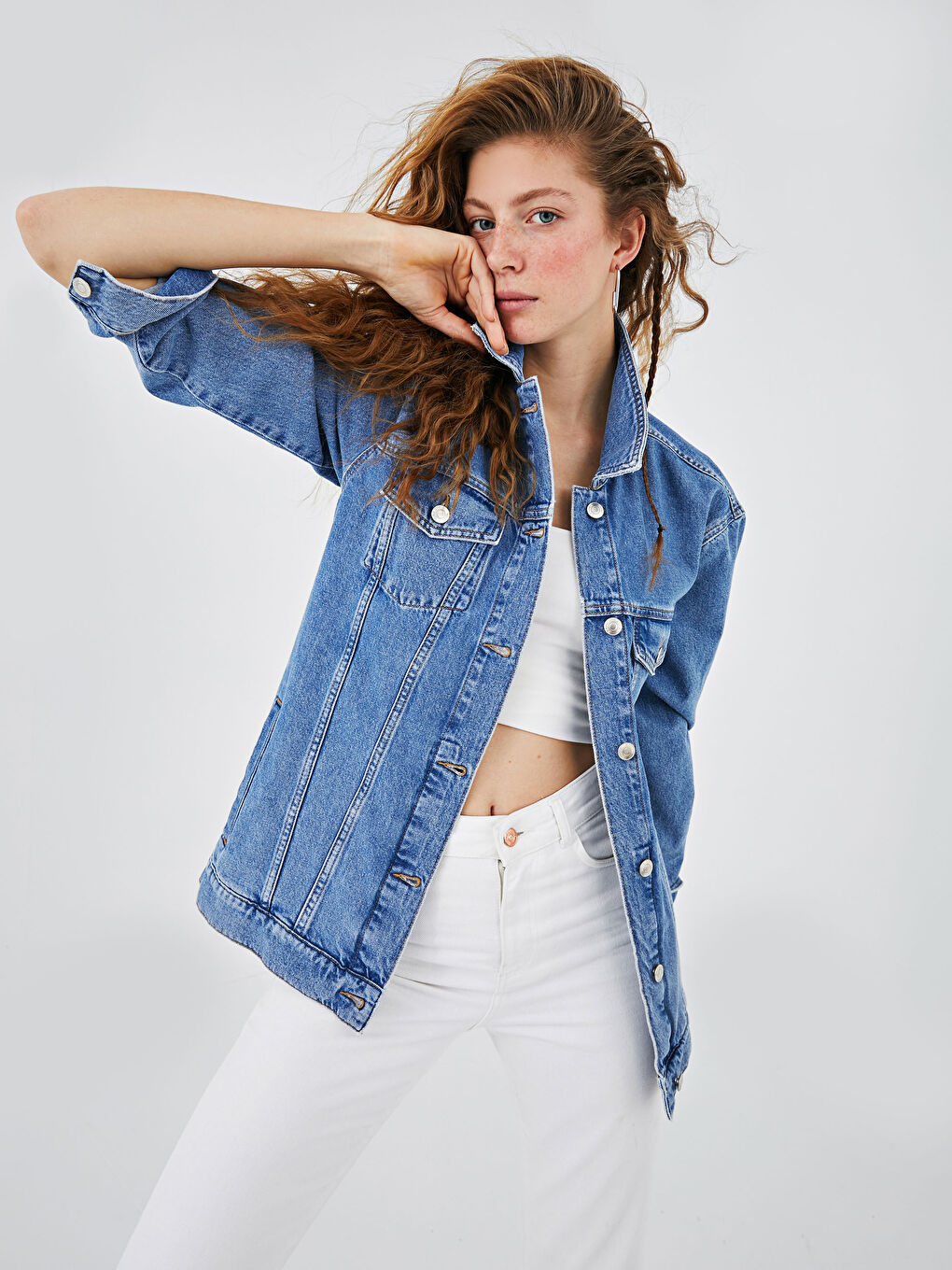 Mavi Bugs Bunny Baskılı Uzun Kollu Kadın Jean Ceket-10