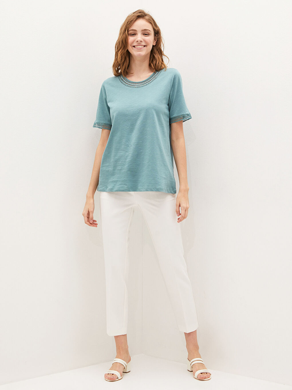 Crew Neck Embroidered Short Sleeve Women's Blouse-7