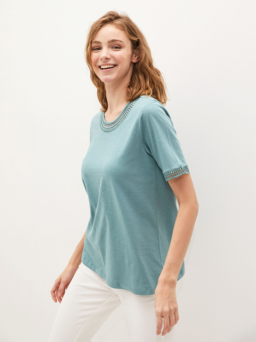 Crew Neck Embroidered Short Sleeve Women's Blouse-9