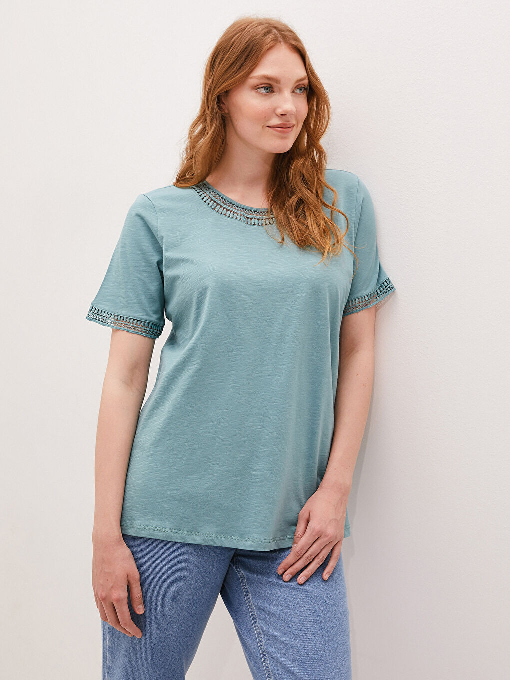 Crew Neck Embroidered Short Sleeve Women's Blouse