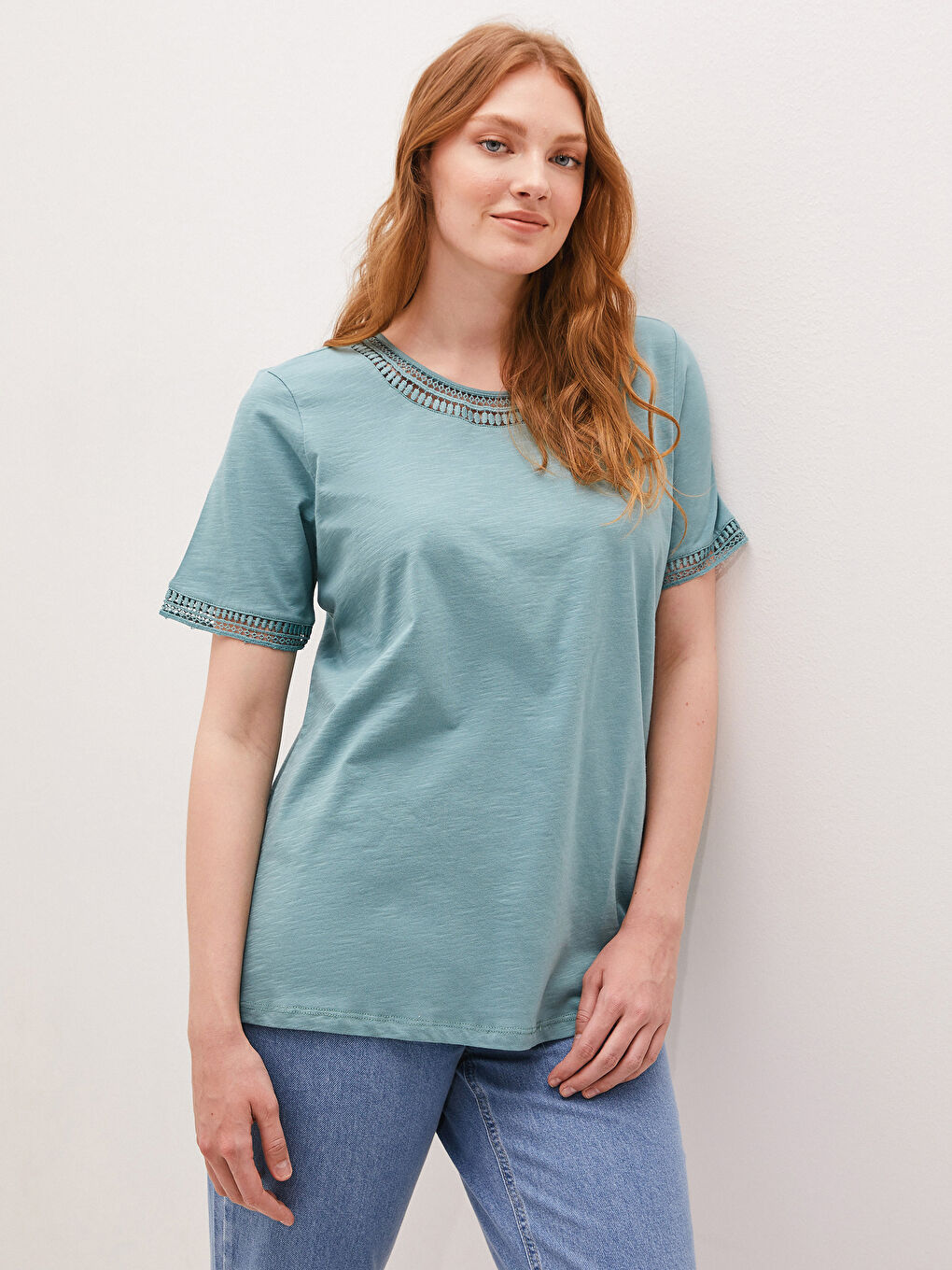Crew Neck Embroidered Short Sleeve Women's Blouse-1