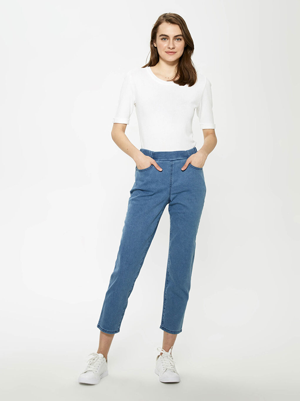 Bej Beli Lastikli Standart Fit Kadın Jean Pantolon-1