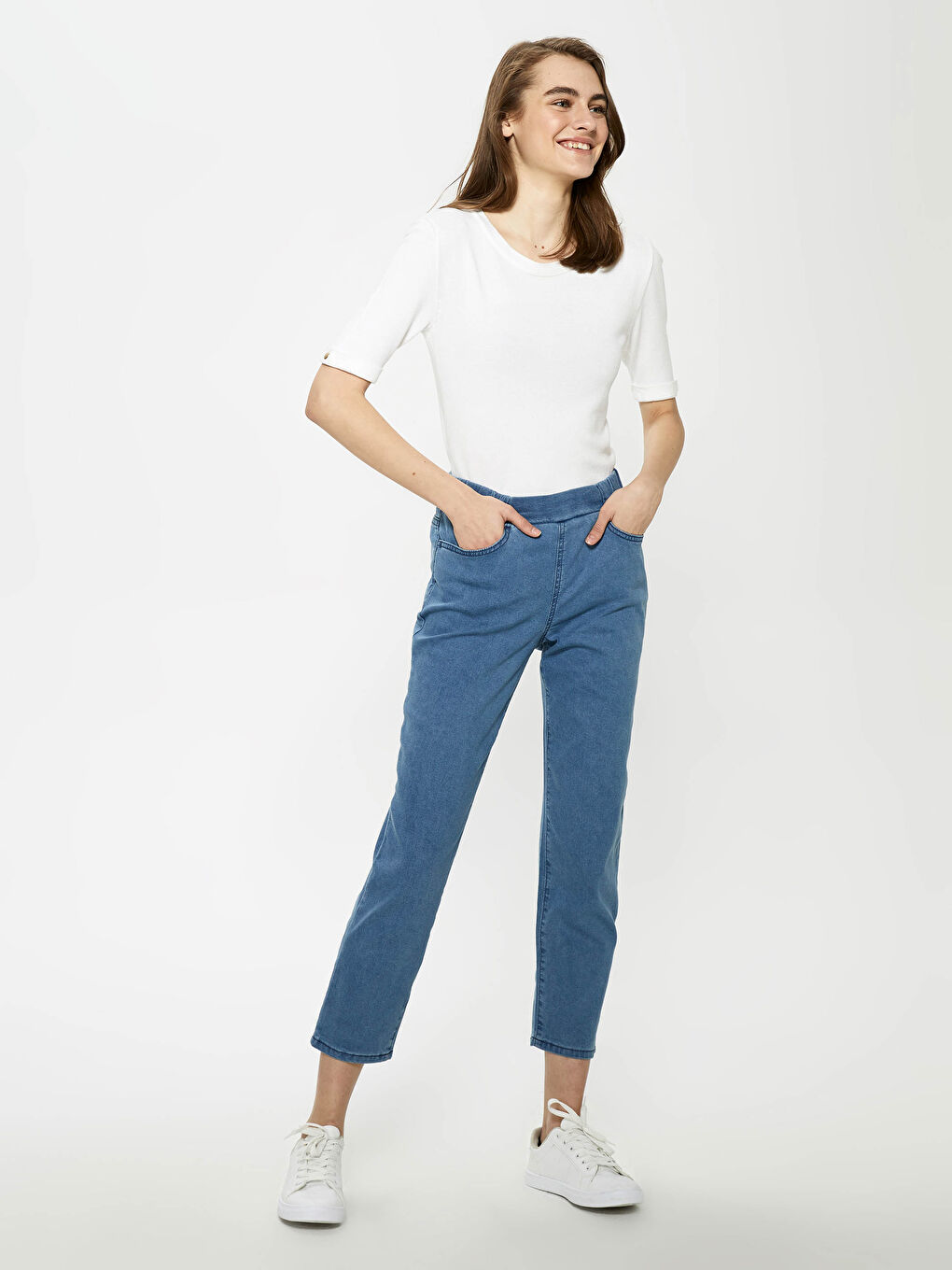 Bej Beli Lastikli Standart Fit Kadın Jean Pantolon-2