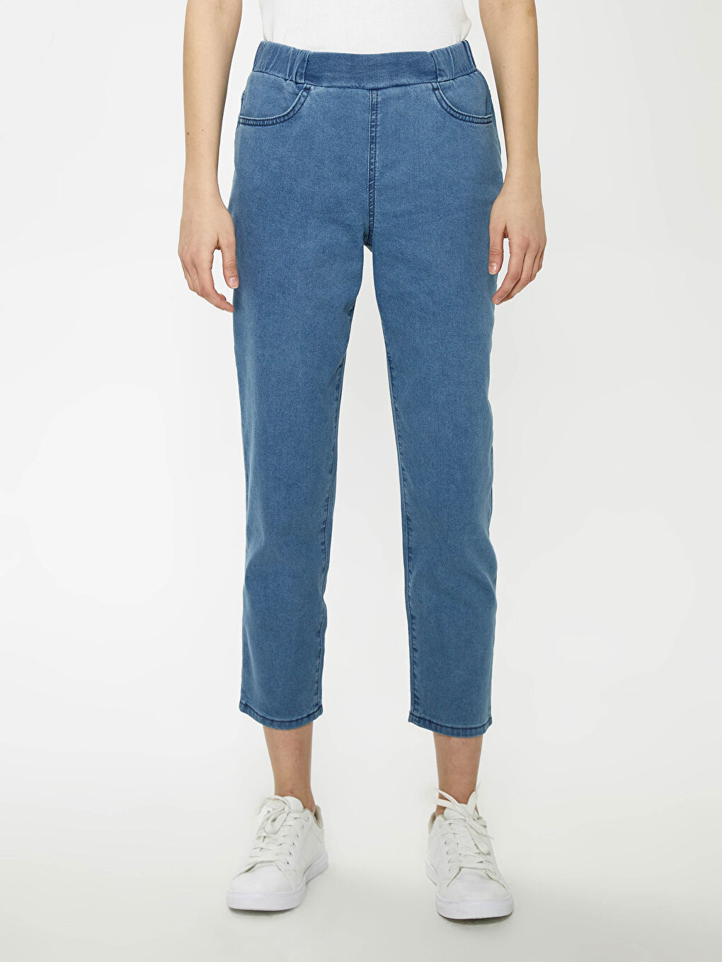 Bej Beli Lastikli Standart Fit Kadın Jean Pantolon-3