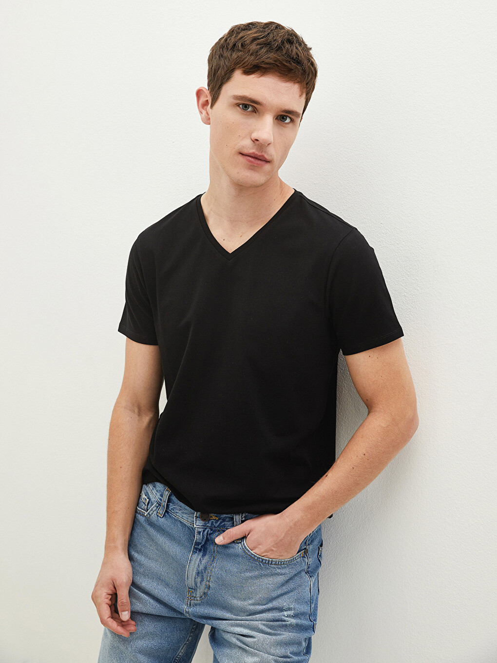 V Neck Short Sleeve Basic Cotton Men's T-shirt-1