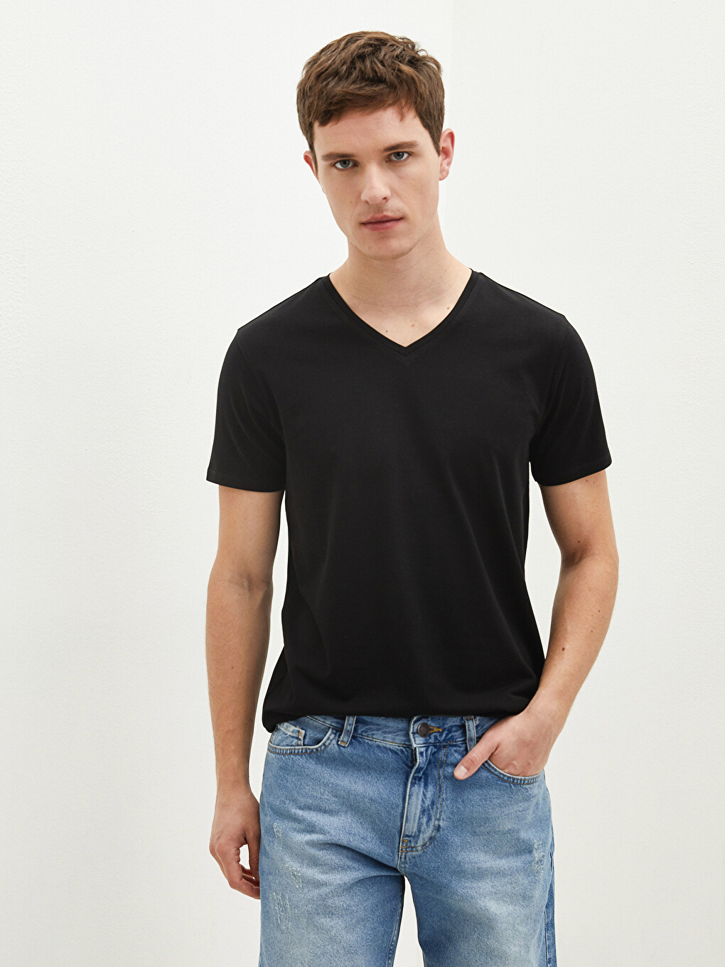 V Neck Short Sleeve Basic Cotton Men's T-shirt-2