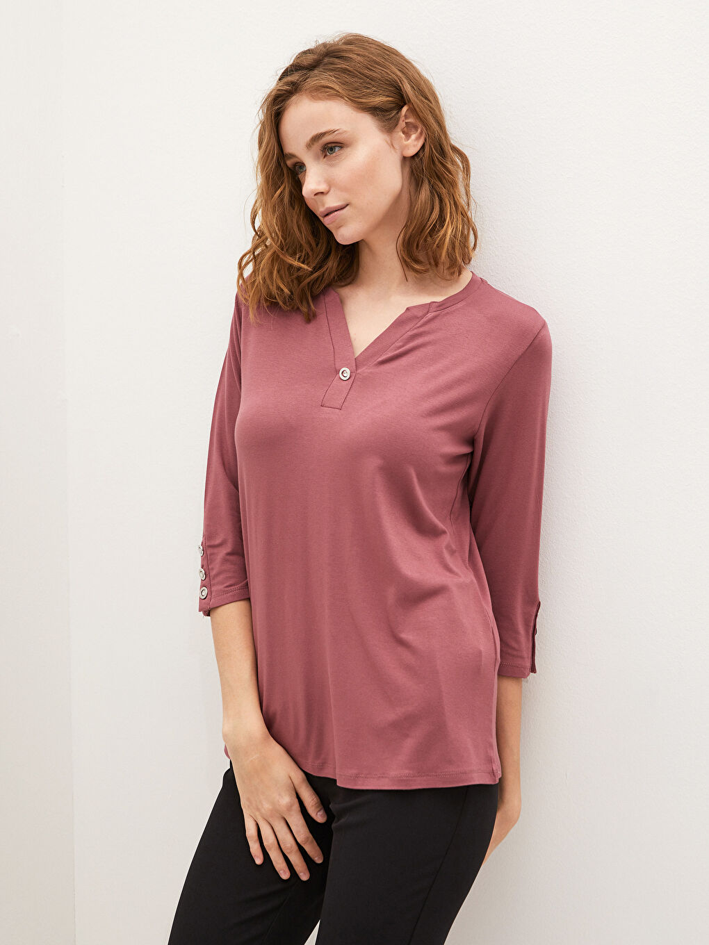 Turtle Neck Straight Half Sleeve Viscose Women Blouse-4