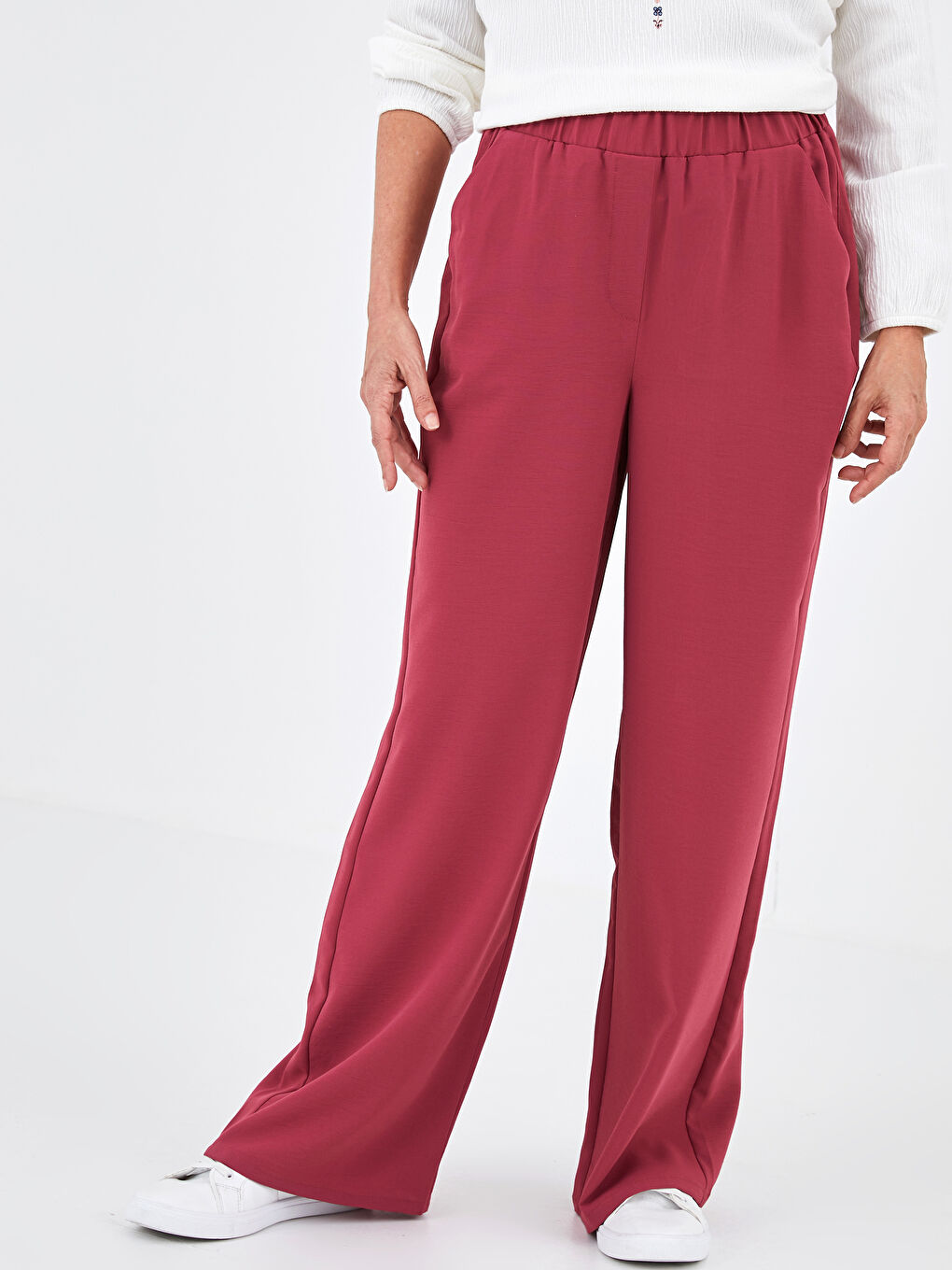 Pembe Beli Lastikli Cep Detaylı Medine İpeği Kumaş Kadın Pantolon-1