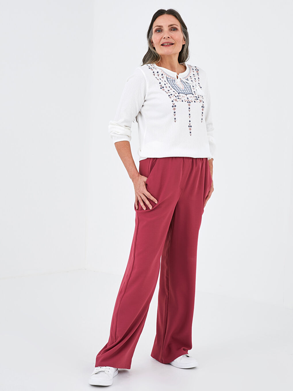 Pembe Beli Lastikli Cep Detaylı Medine İpeği Kumaş Kadın Pantolon