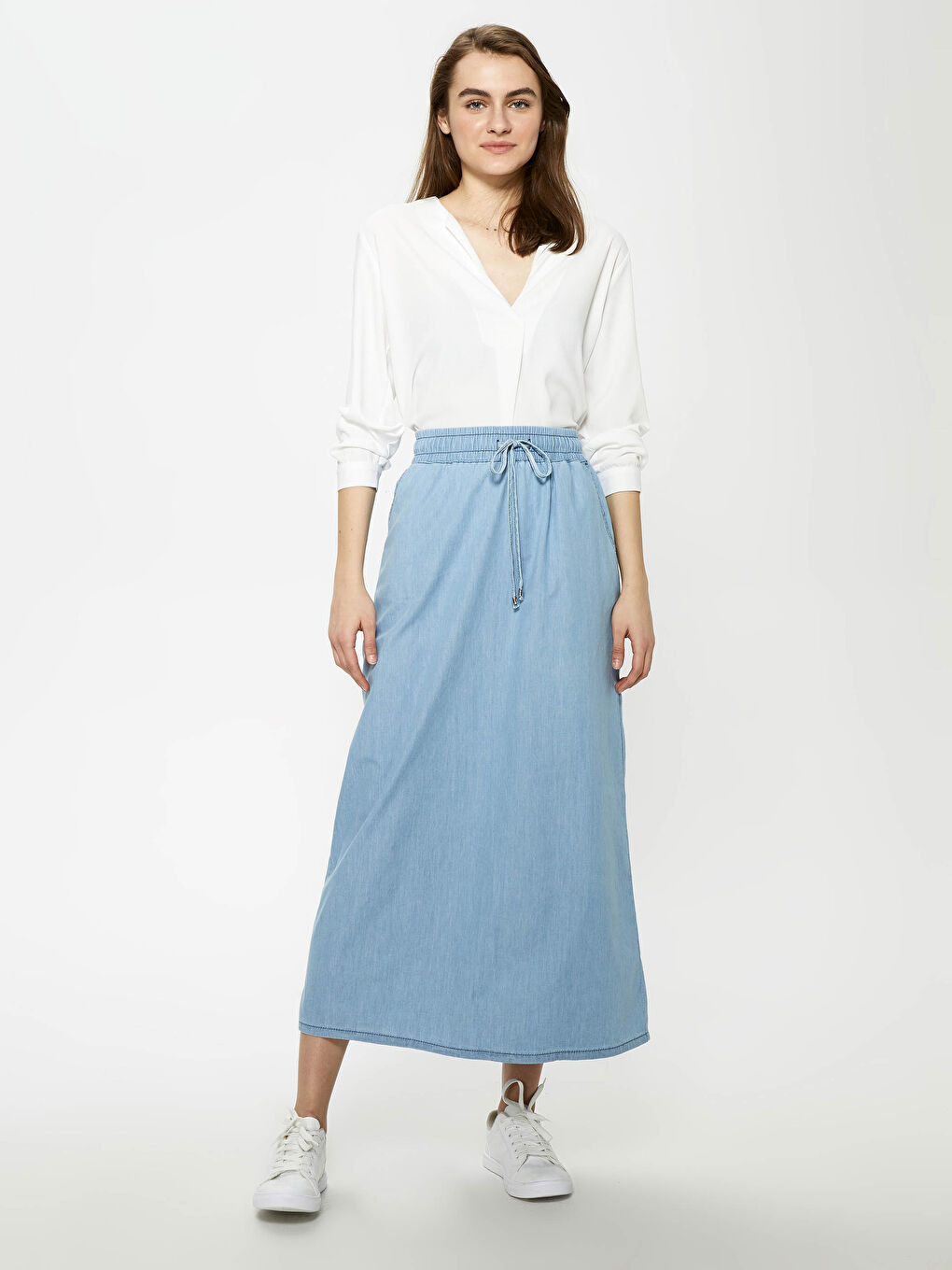 Bej Beli Lastikli Cep Detaylı Kadın Jean Etek-2