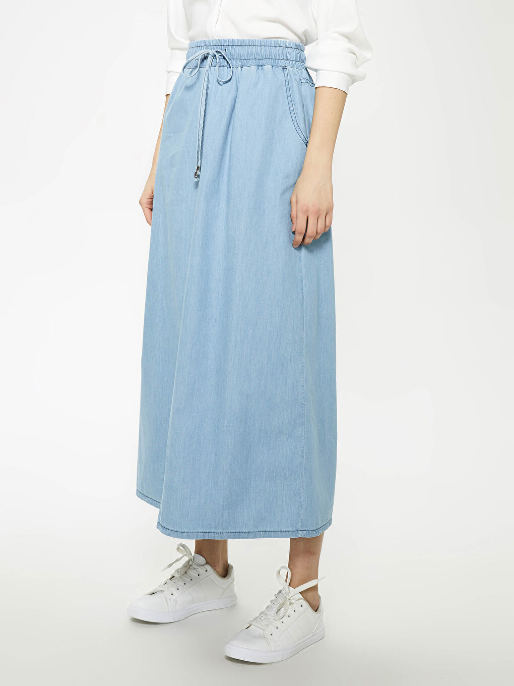 Bej Beli Lastikli Cep Detaylı Kadın Jean Etek-3