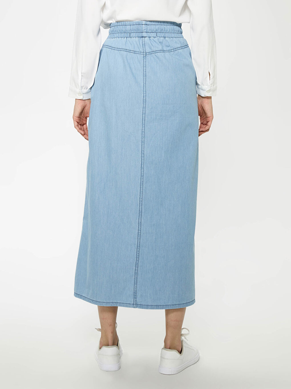 Bej Beli Lastikli Cep Detaylı Kadın Jean Etek-4