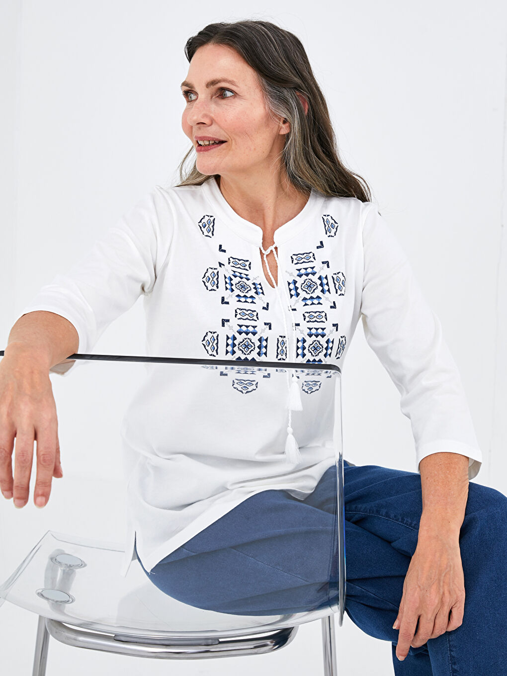 Tie Collar Embroidered Cotton Women's Blouse-1