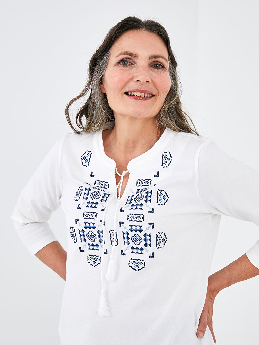 Tie Collar Embroidered Cotton Women's Blouse-2
