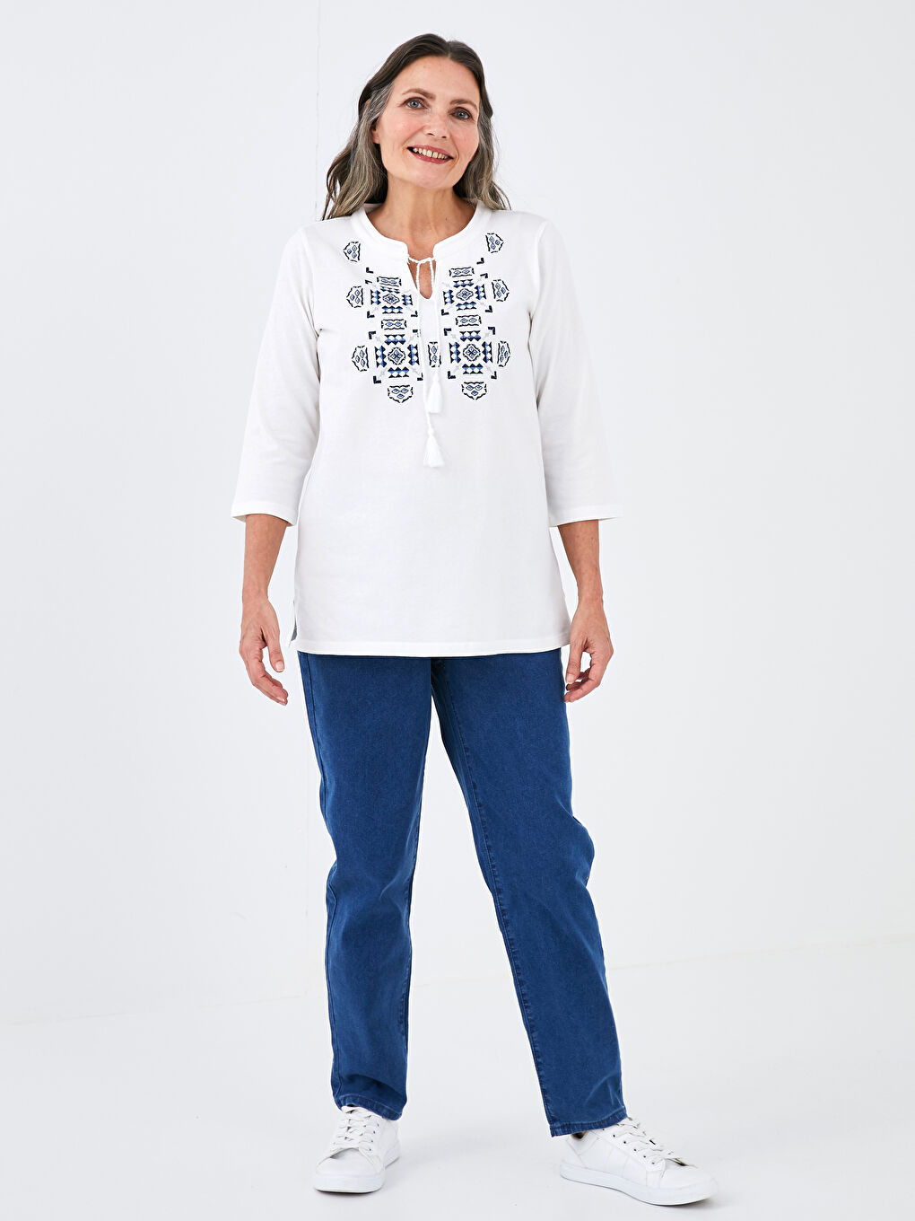 Tie Collar Embroidered Cotton Women's Blouse-3