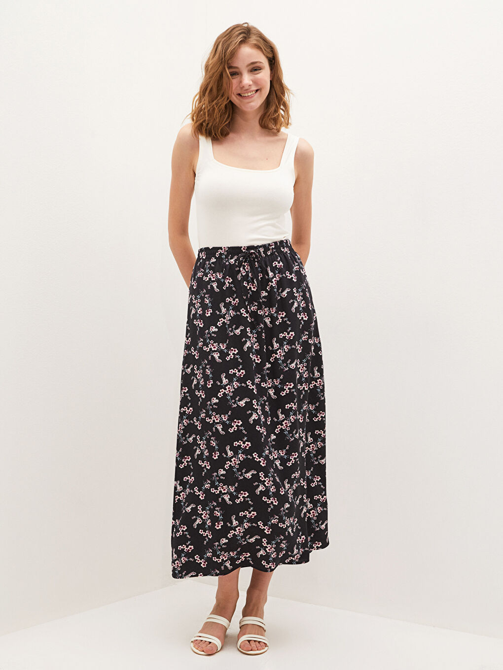 Pembe Beli Lastikli Çiçek Desenli Kadın Etek-1