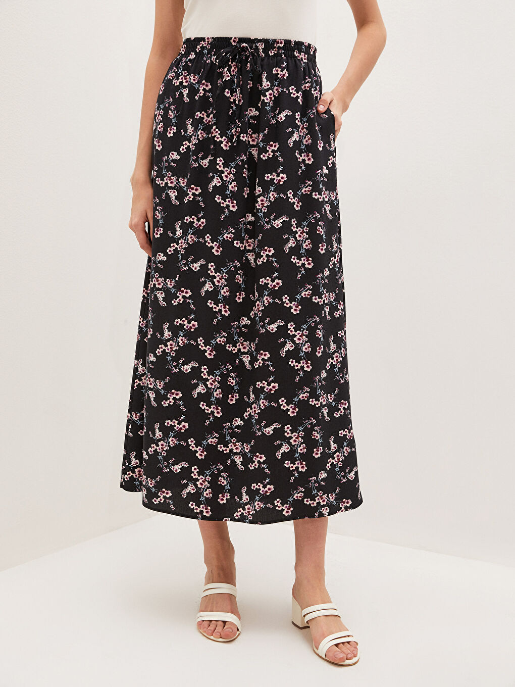 Pembe Beli Lastikli Çiçek Desenli Kadın Etek-2