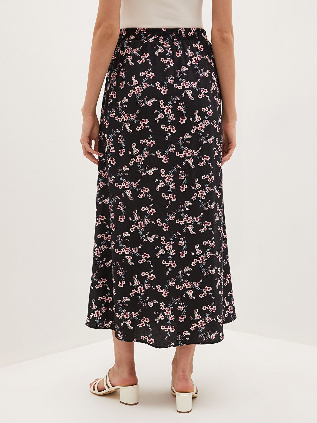 Pembe Beli Lastikli Çiçek Desenli Kadın Etek-3