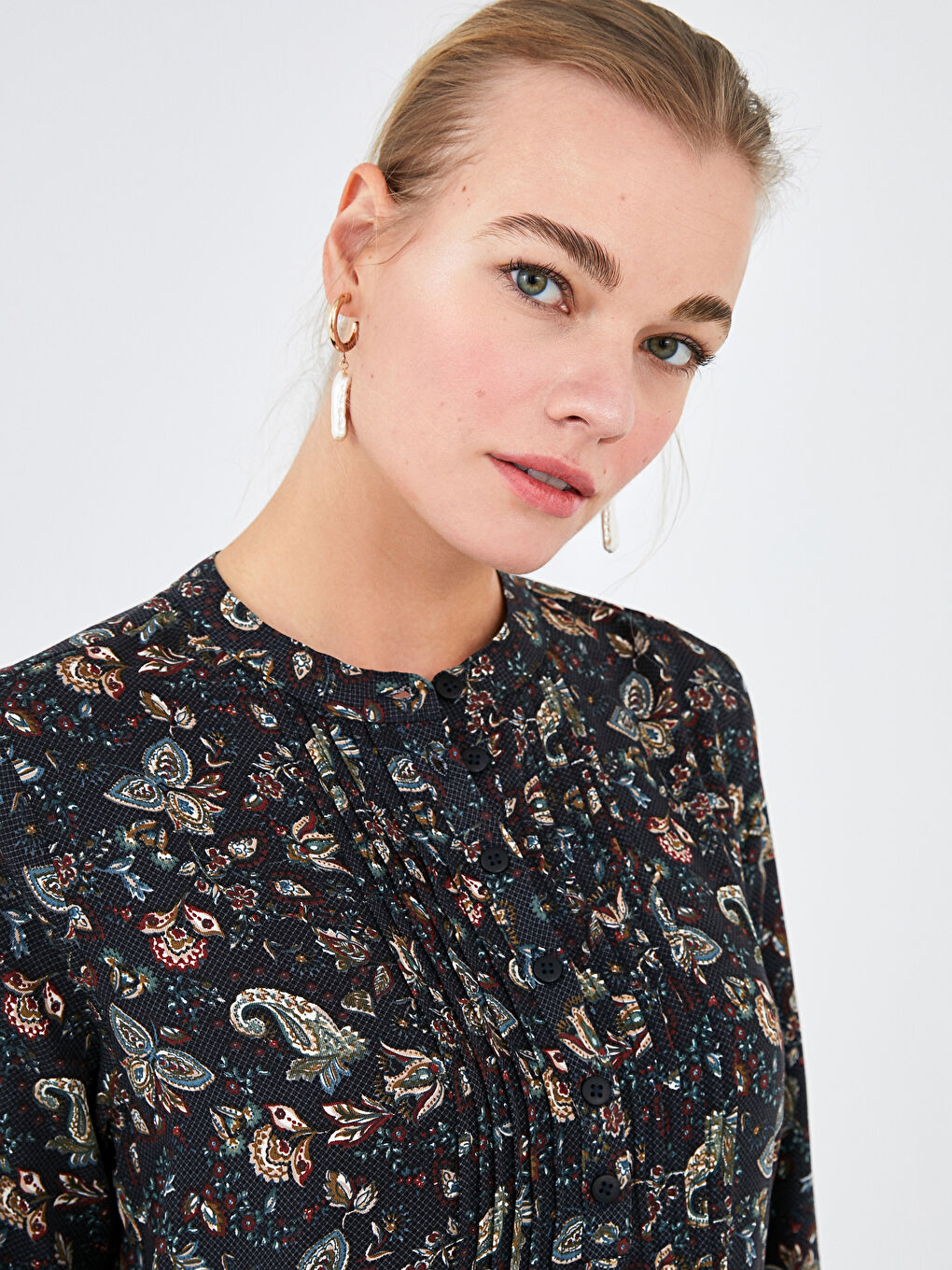 Bej Hakim Yaka Desenli Uzun Kollu Belmando Kumaş Kadın Elbise-3