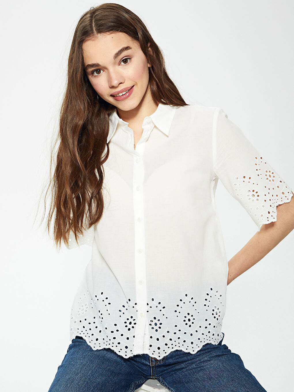 Embroidery Patterned Short Sleeve Voile Fabric Women's Shirt With Button Closure