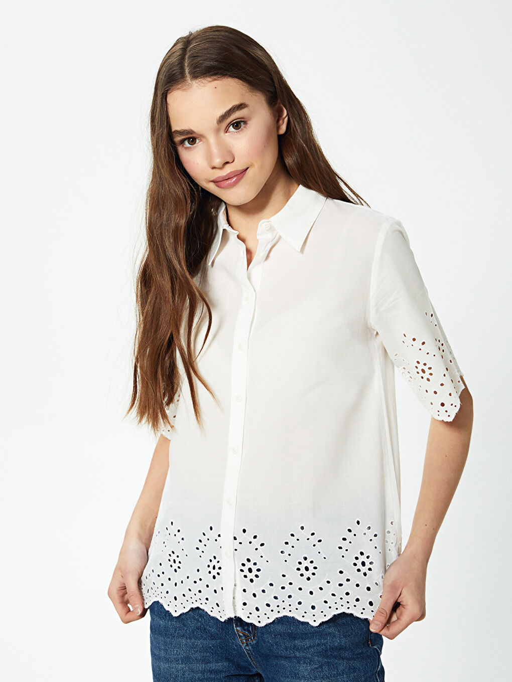 Embroidery Patterned Short Sleeve Voile Fabric Women's Shirt With Button Closure-1