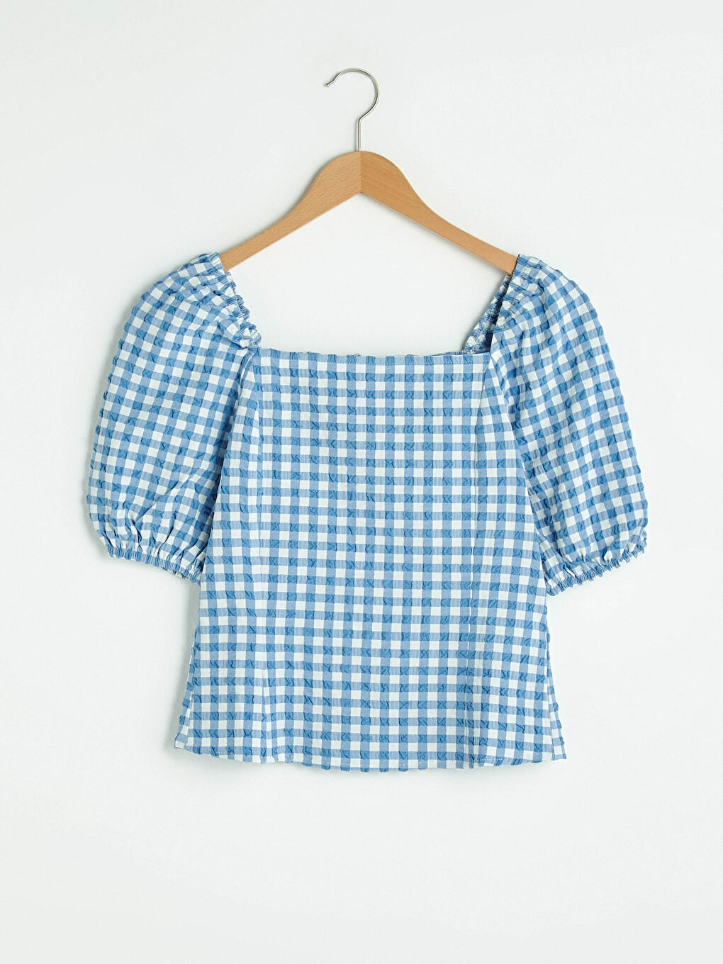 Blouse Seersucker À Carreaux À Col Carré Et Manches Ballon Pour Femmes-5