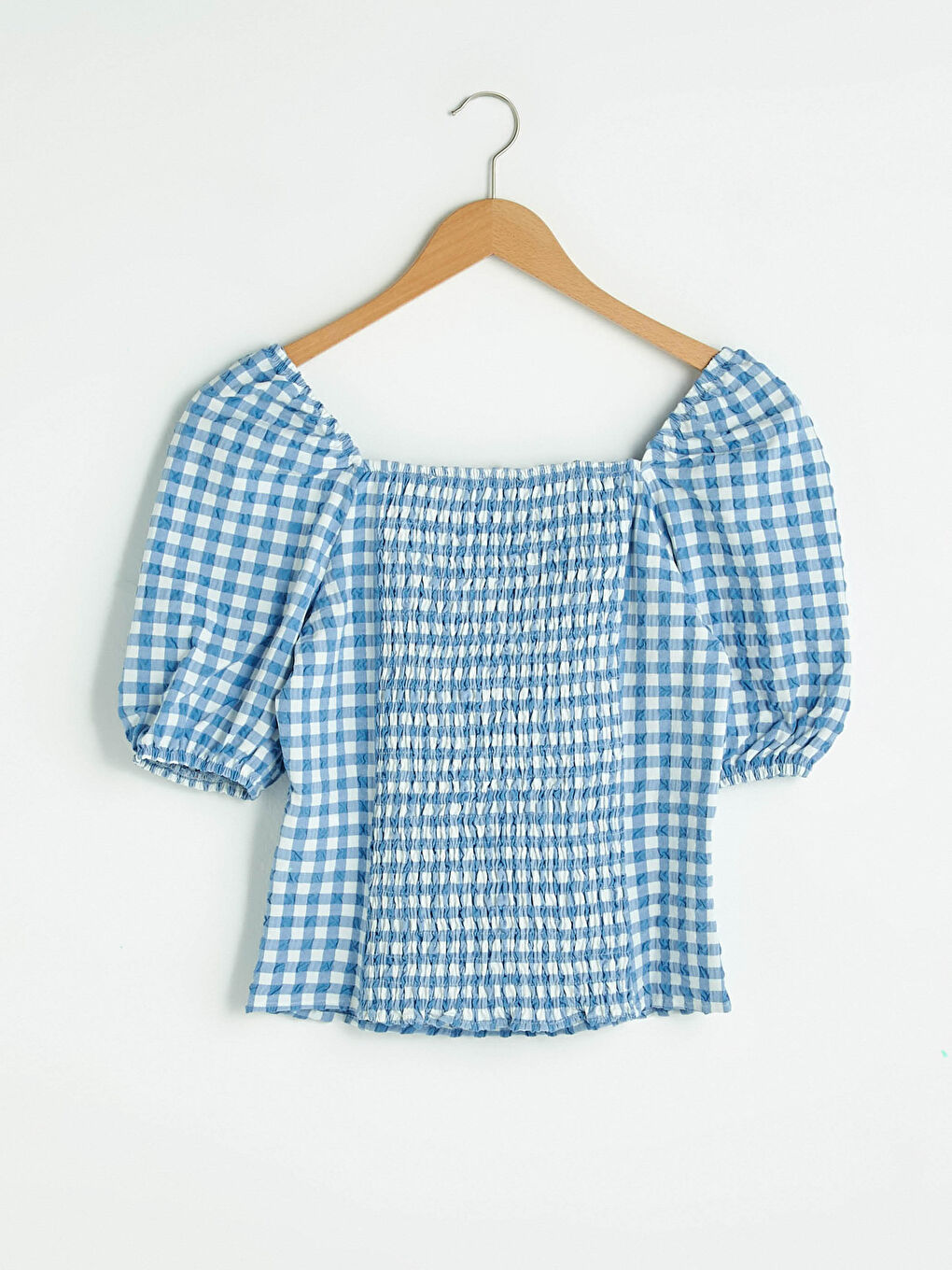 Blouse Seersucker À Carreaux À Col Carré Et Manches Ballon Pour Femmes-6