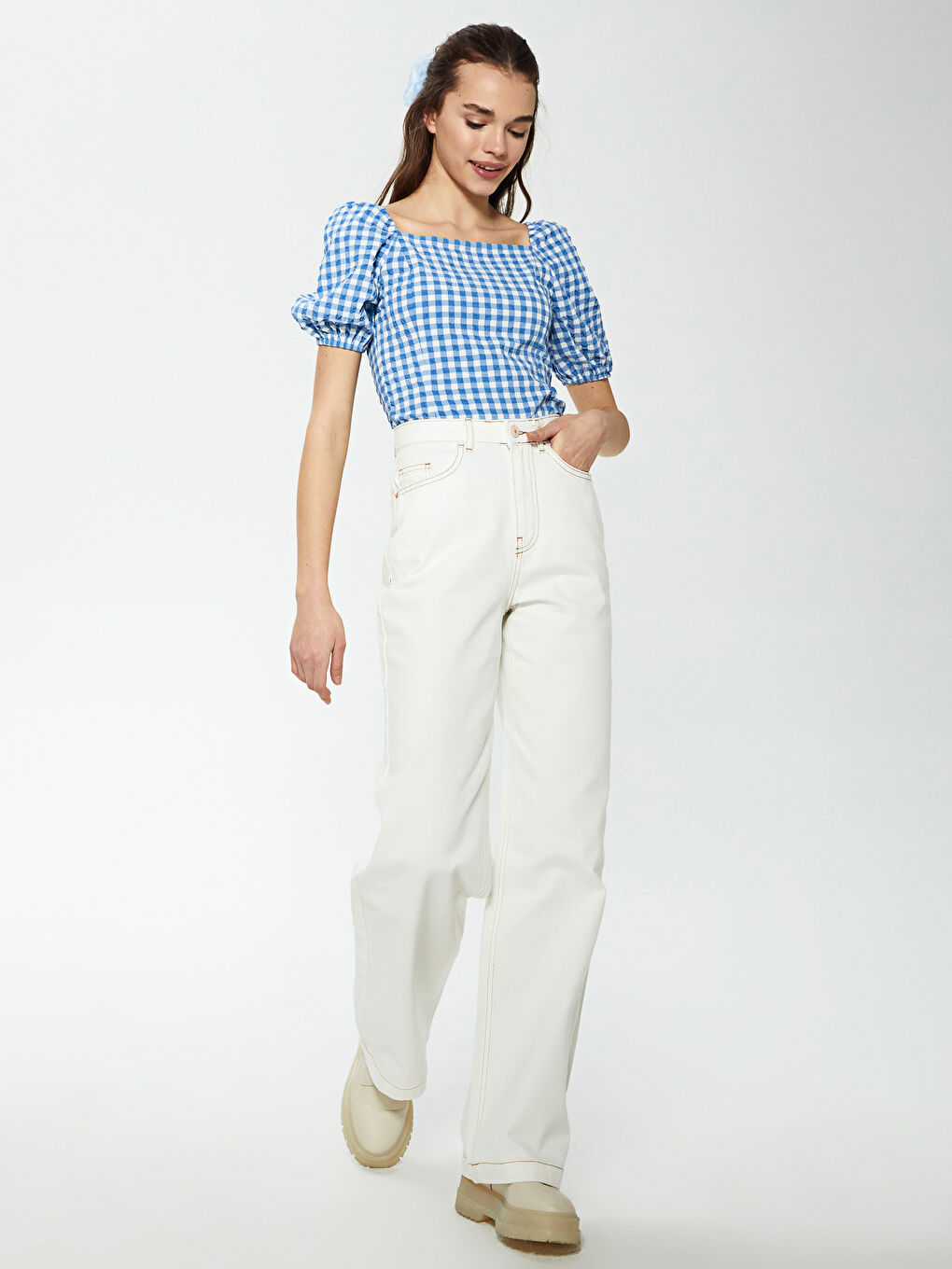 Blouse Seersucker À Carreaux À Col Carré Et Manches Ballon Pour Femmes-1