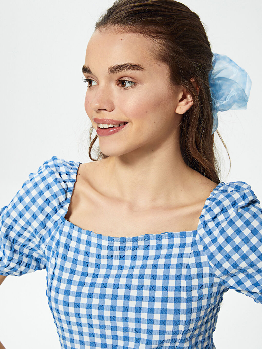 Blouse Seersucker À Carreaux À Col Carré Et Manches Ballon Pour Femmes-2