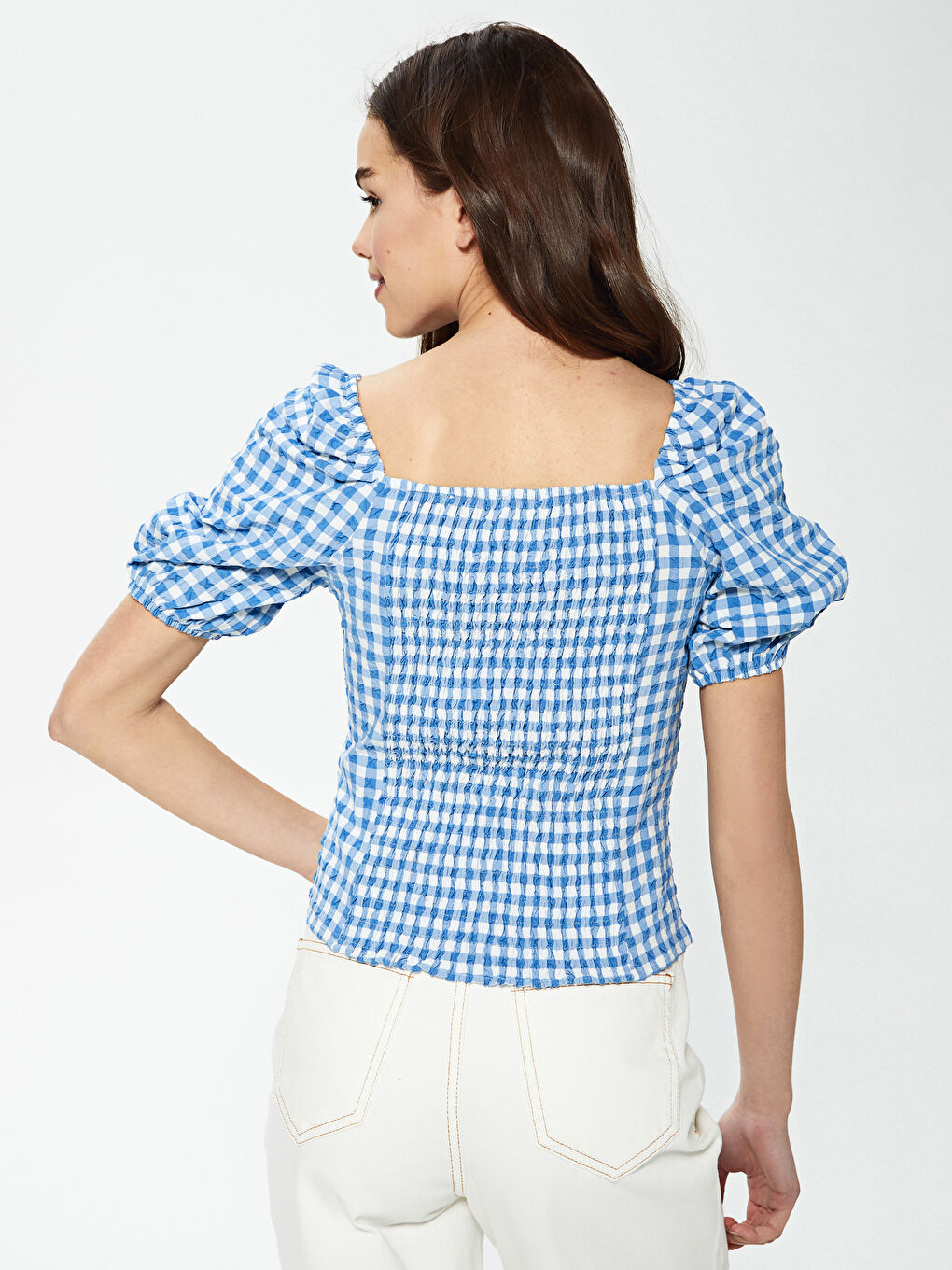 Blouse Seersucker À Carreaux À Col Carré Et Manches Ballon Pour Femmes-3