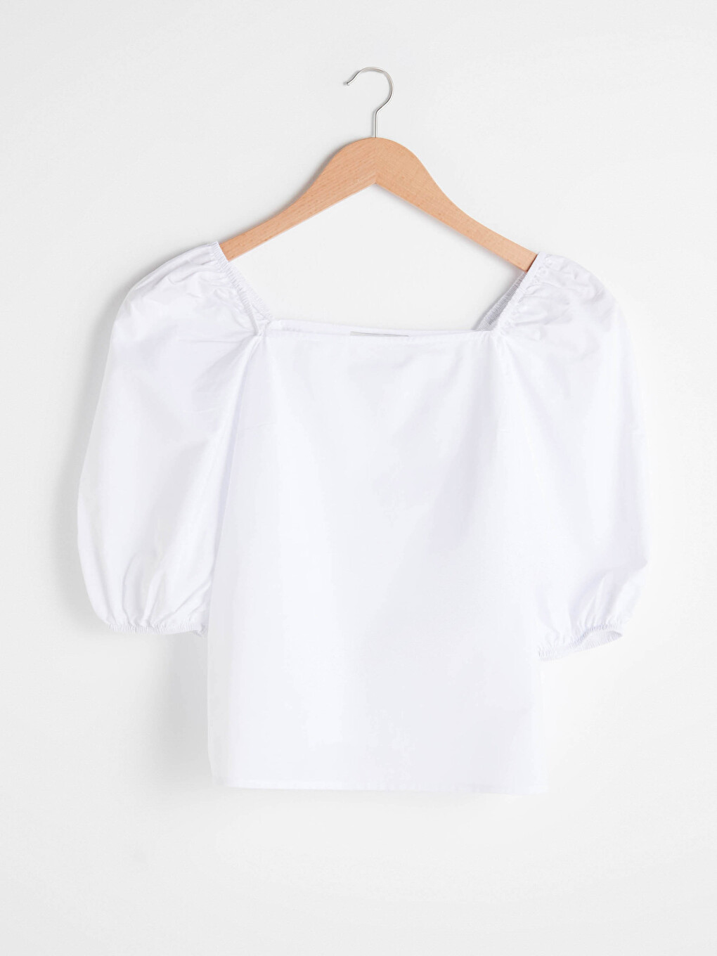 U Neck Plain Balloon Sleeve Poplin Women Blouse-5