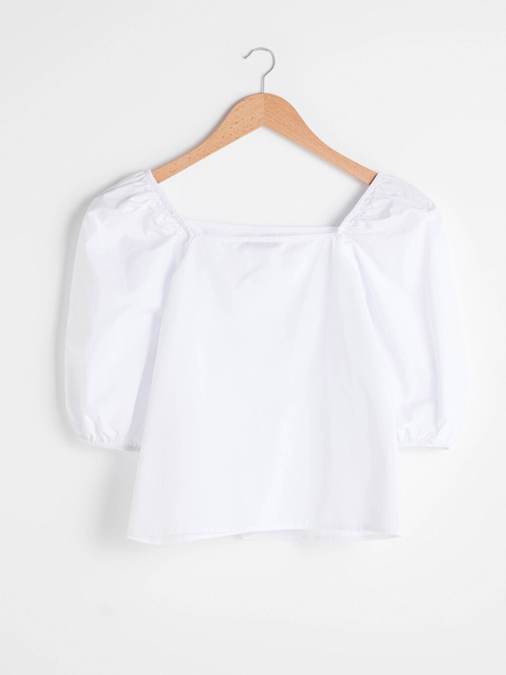 U Neck Plain Balloon Sleeve Poplin Women Blouse-6