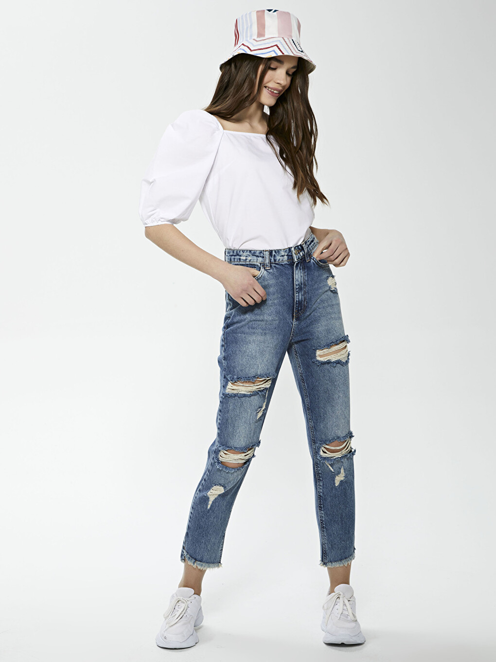 U Neck Plain Balloon Sleeve Poplin Women Blouse-2
