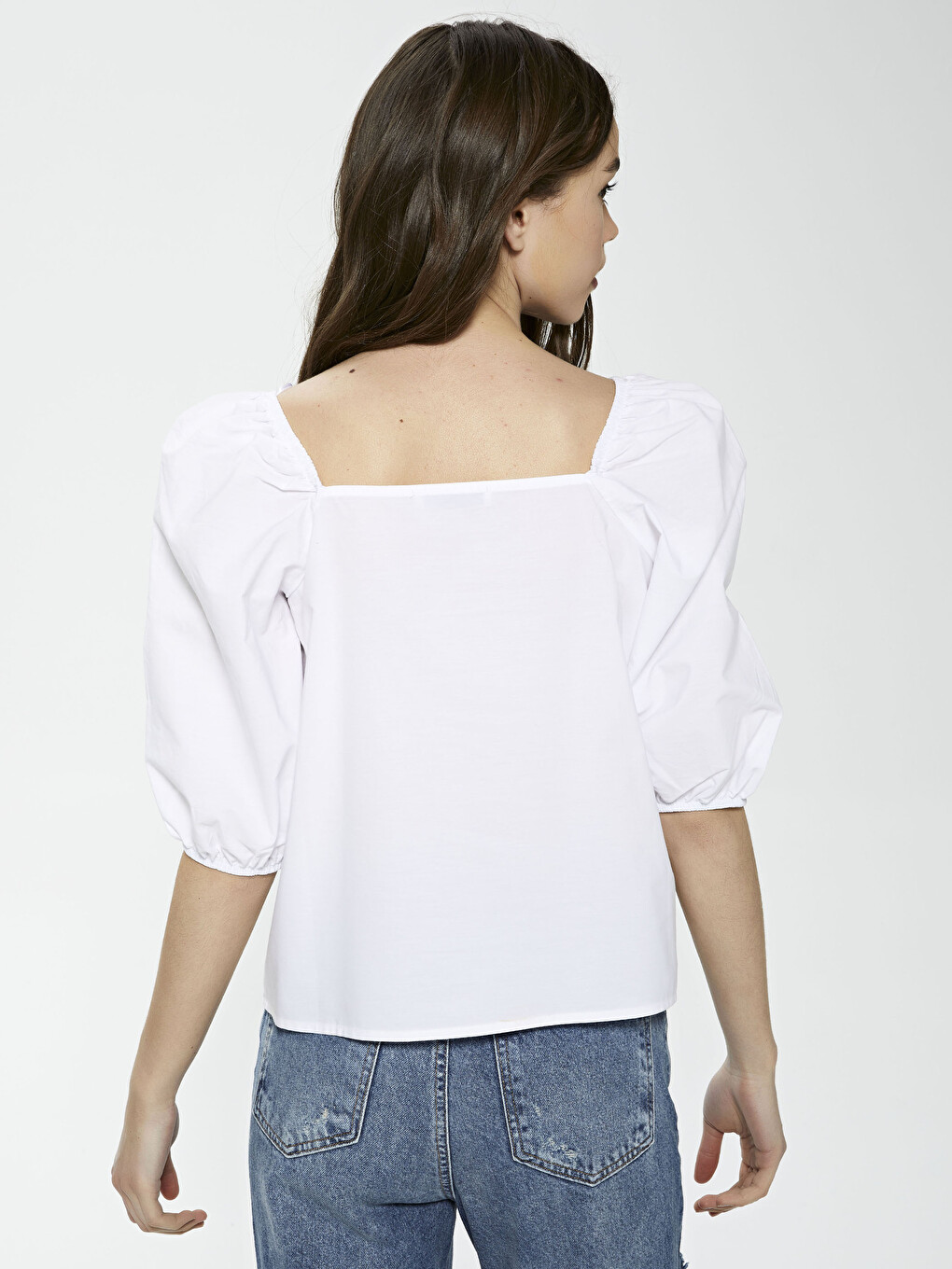 U Neck Plain Balloon Sleeve Poplin Women Blouse-3