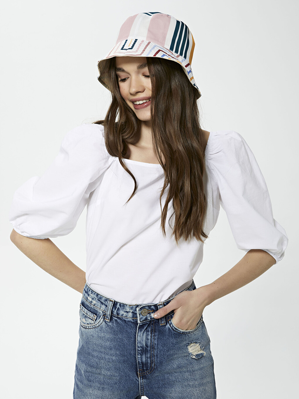 U Neck Plain Balloon Sleeve Poplin Women Blouse-4
