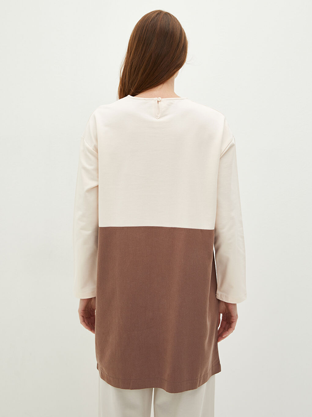 تونيك سويتشيرت كم طويل بياقة دائرية للسيدات مع بلوك الألوان-3