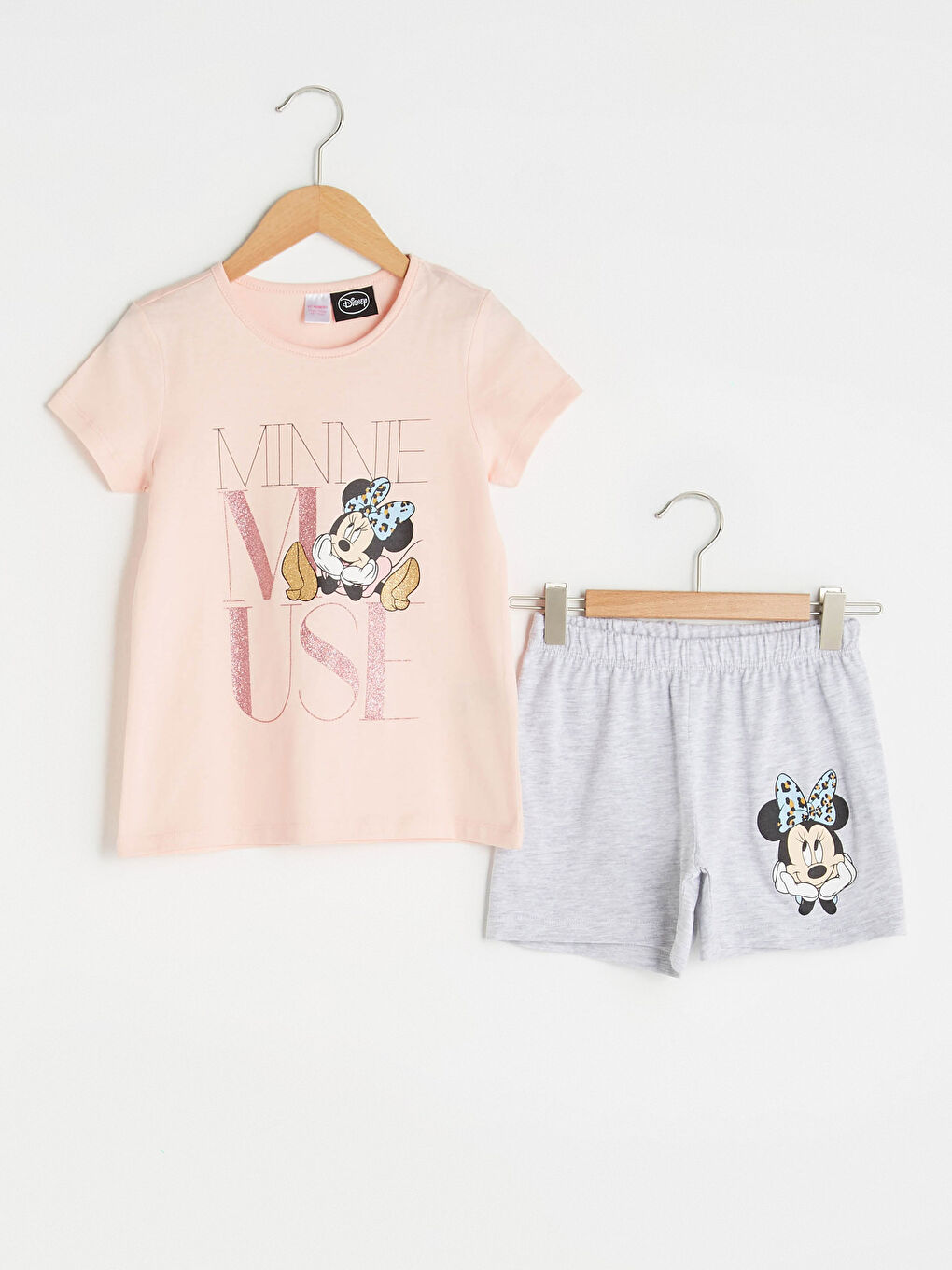 Pembe Bisiklet Yaka Minnie Mouse Baskılı Kısa Kollu Kız Çocuk Şortlu Pijama Takımı